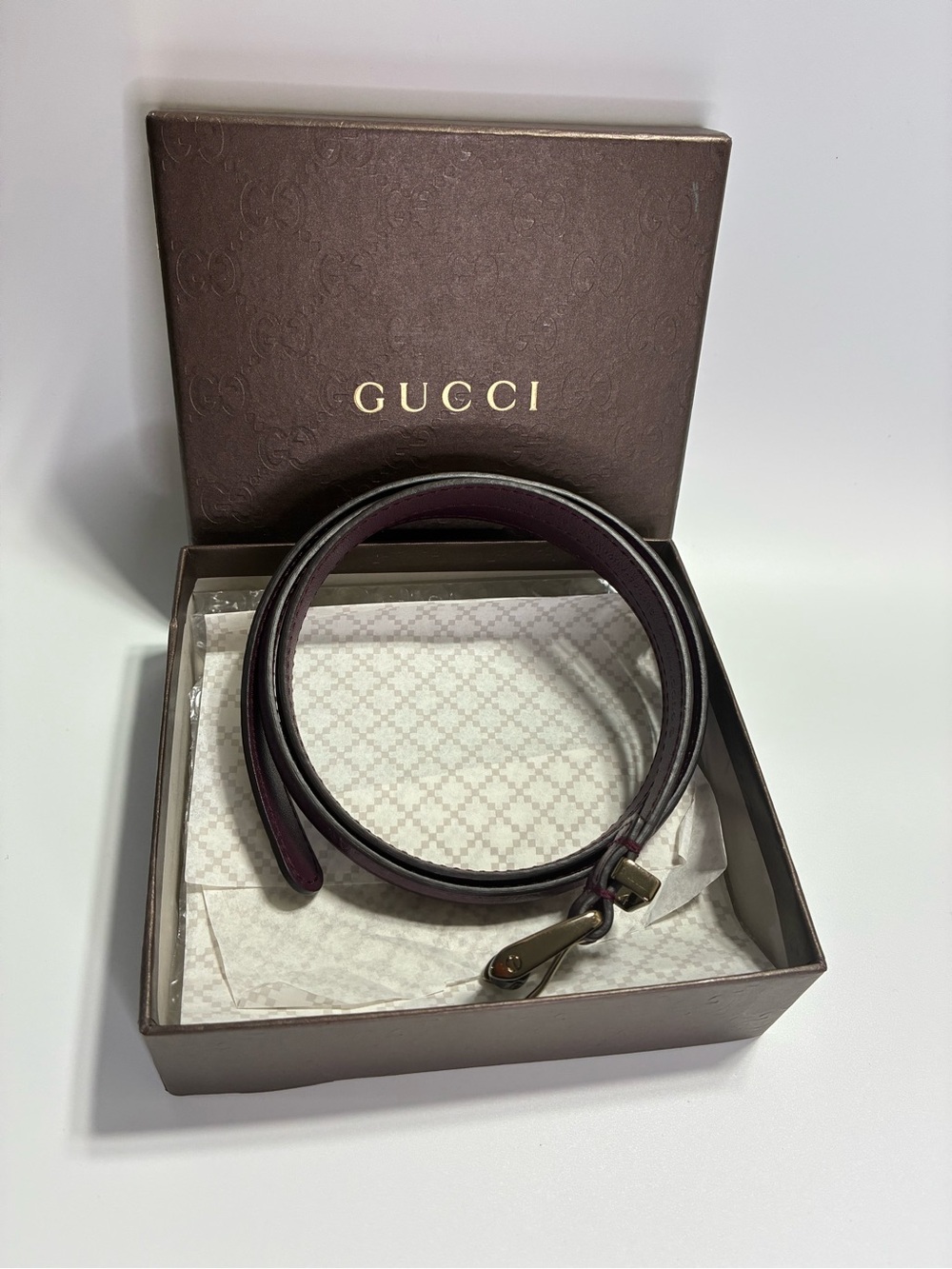 Gucci Men’s Leather Strap Belt Bag Strap in Deep Plum with Brass Hardware